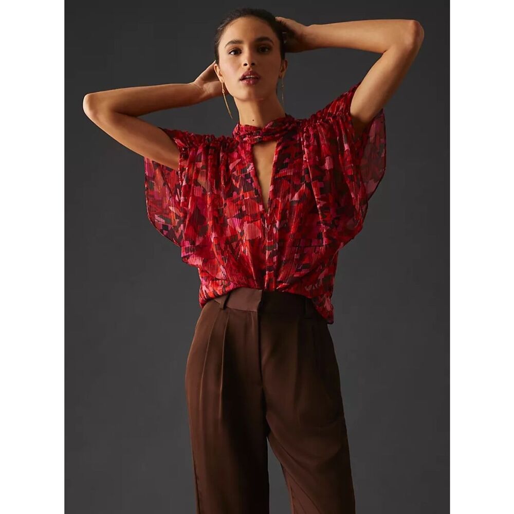 BNWT MISA Red Pink Colorblock Shimmer Greta Top XS Anthropologie Chic Cocktail